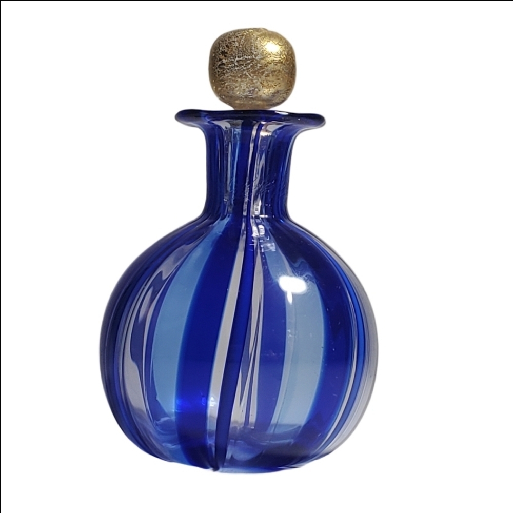 VINTAGE MURANO Glass Perfume Bottle 2 Piece Gold Top, Cobalt Blue Ribbon Strands - Picture 12 of 13